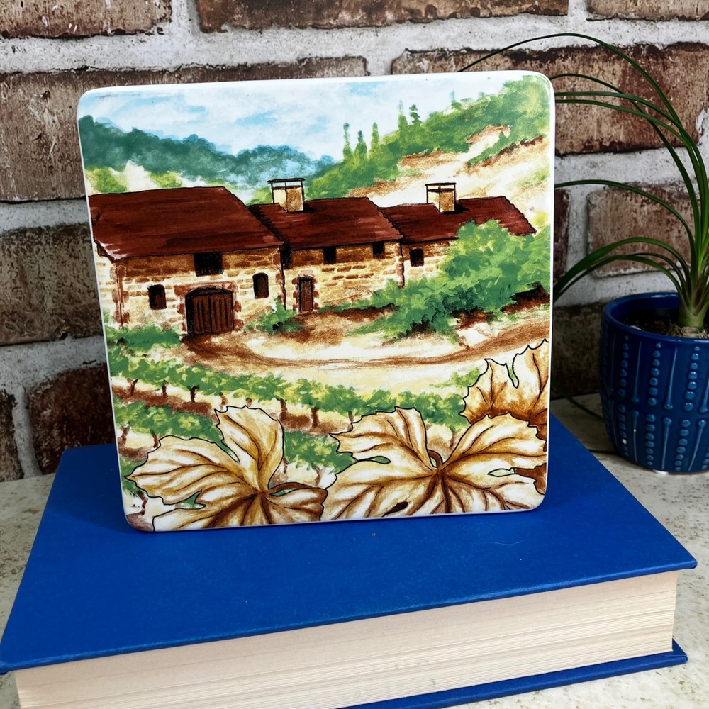 Fitz and Floyd Decorative Tile Del Vino 6x6 Multicolor Vineyard Scene Stand